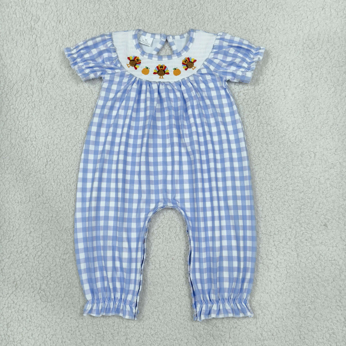 Sibling Baby Girls Smocked Pumpkin Turkey Blue Checked Thanksgivings Dress Rompers