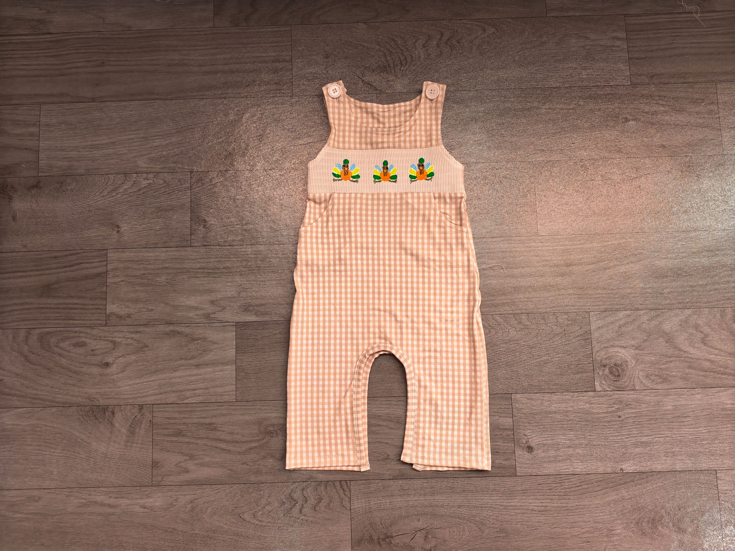 Smocked Turkey Baby Boys Thanksgiving Khaki Checked Pockets Rompers Preorder