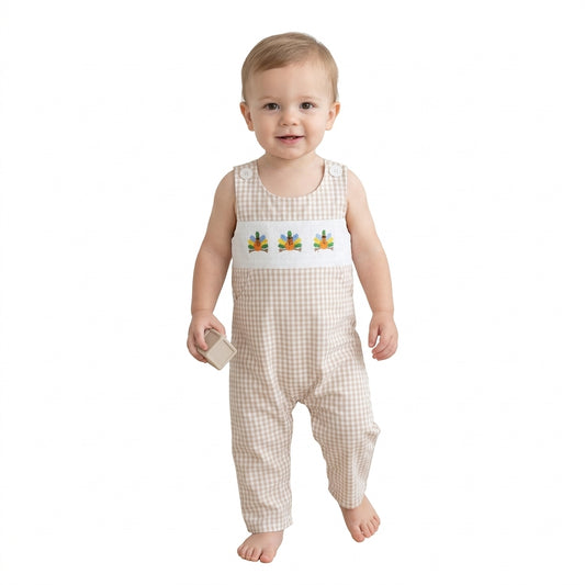 Smocked Turkey Baby Boys Thanksgiving Khaki Checked Pockets Rompers