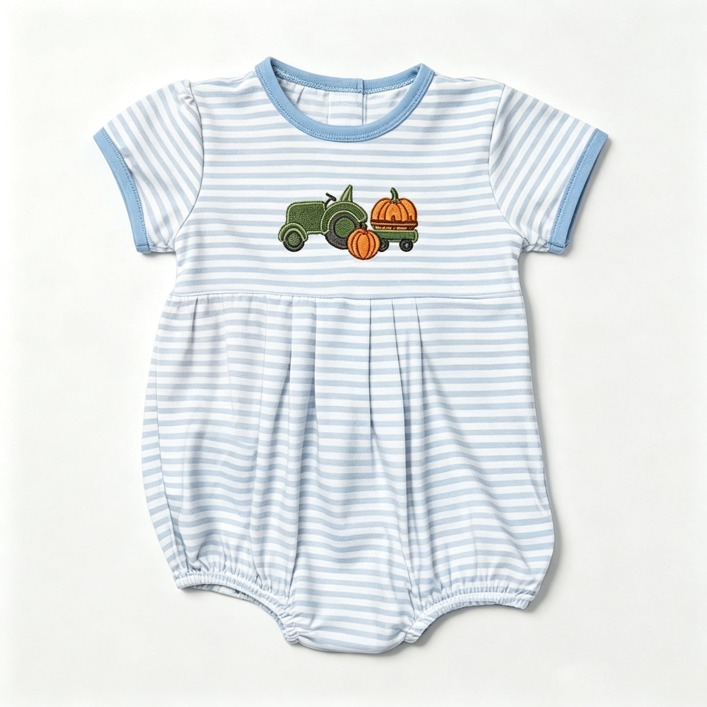 Preorder moq 5 Baby Boys Short Sleeve Blue Stripe Pumpkins Truck Fall Rompers