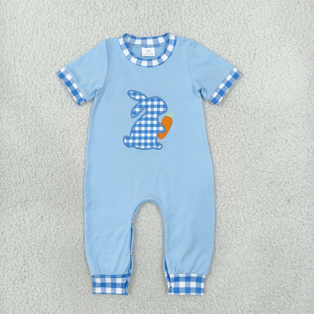 Sibling Baby Boys Embroidery Blue Checked Rabbit Carrot Jogger Easter Clothes Set Rompers