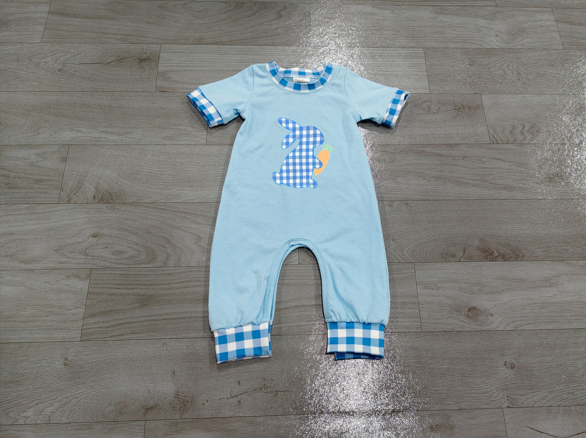 Embroidery Rabbit Carrots Baby Boys Blue Checked Easter Pant Rompers Preorder