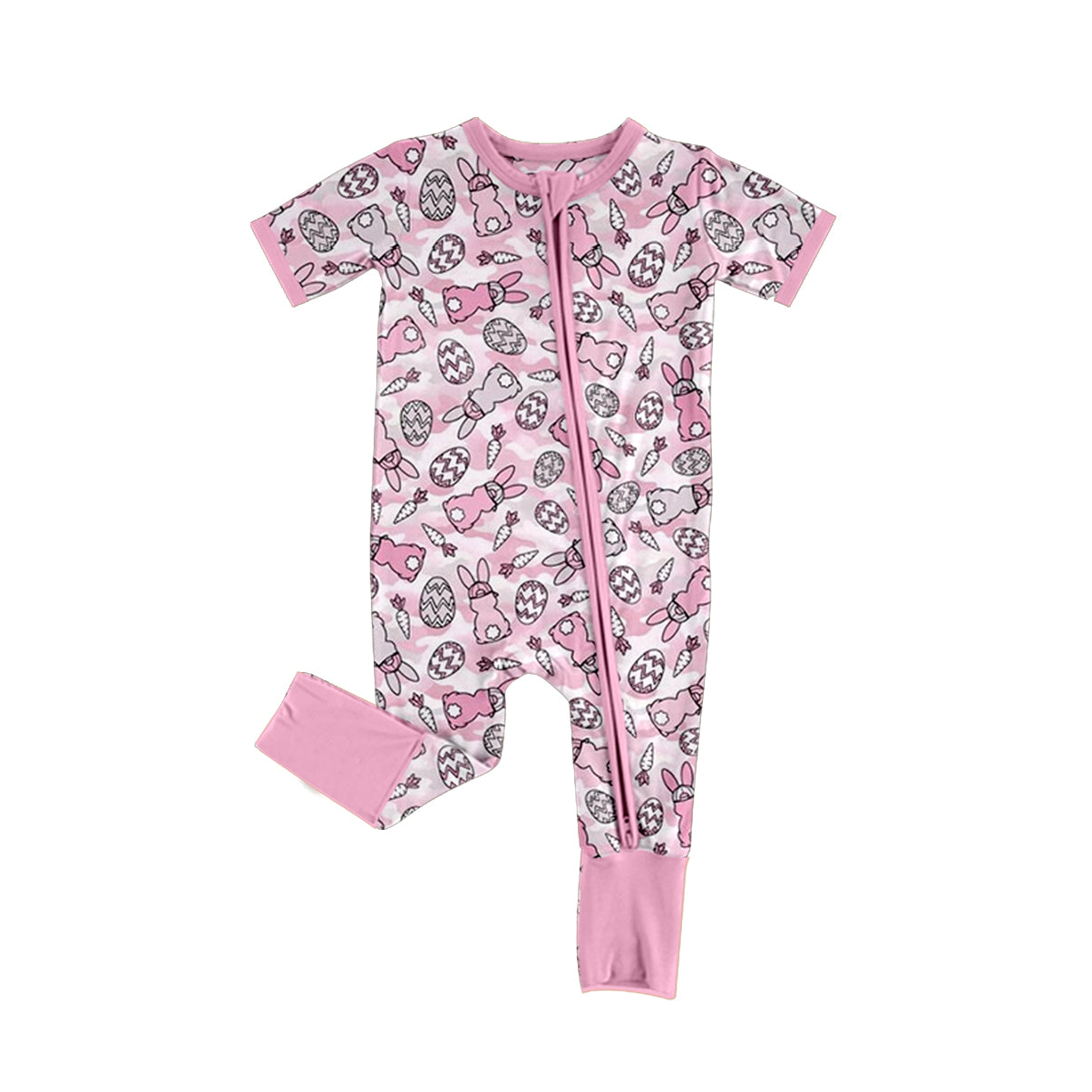Preorder moq 5 Baby Girls Pink Camo Rabbits Carrots Easter Two Way Zip Convertible Romper