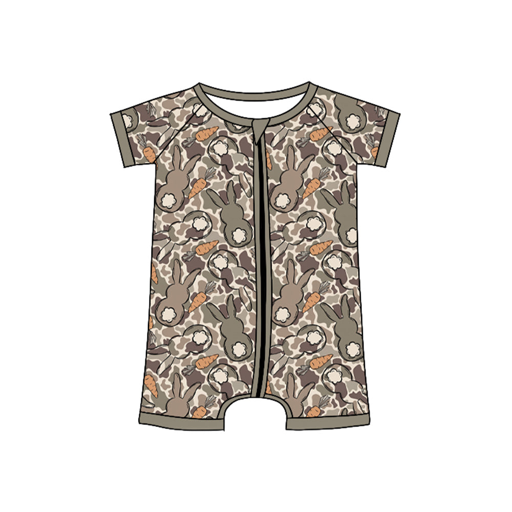 Preorder moq 5 Baby Boys Olive Camo Rabbits Easter Two Way Zip Convertible Rompers