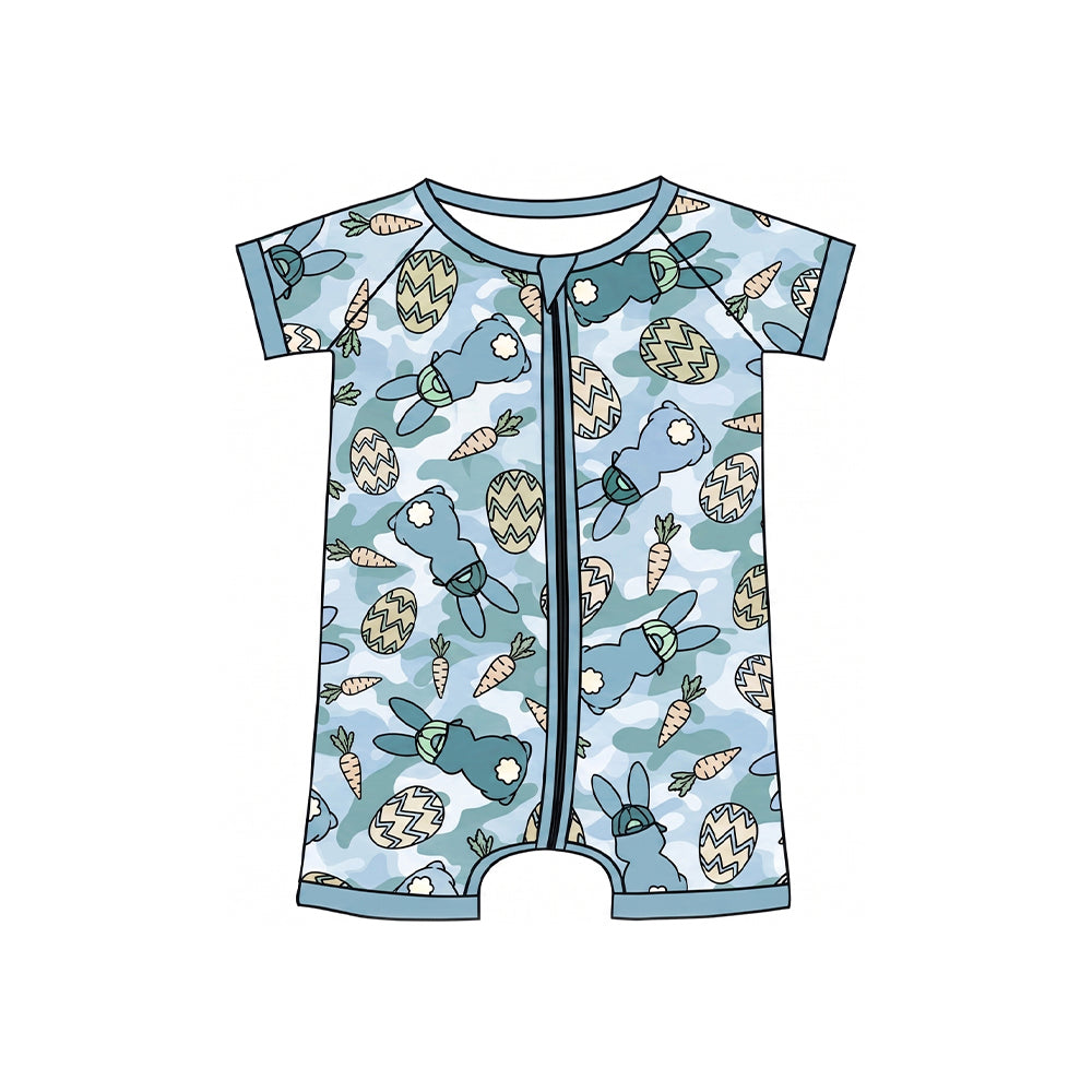 Preorder moq 5 Baby Boys Blue Camo Rabbits Eggs Easter Two Way Zip Convertible Rompers