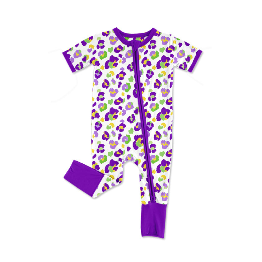 Baby Girls Short Sleeve Mardigras Leopard Two Way Zip Convertible Rompers Preorder