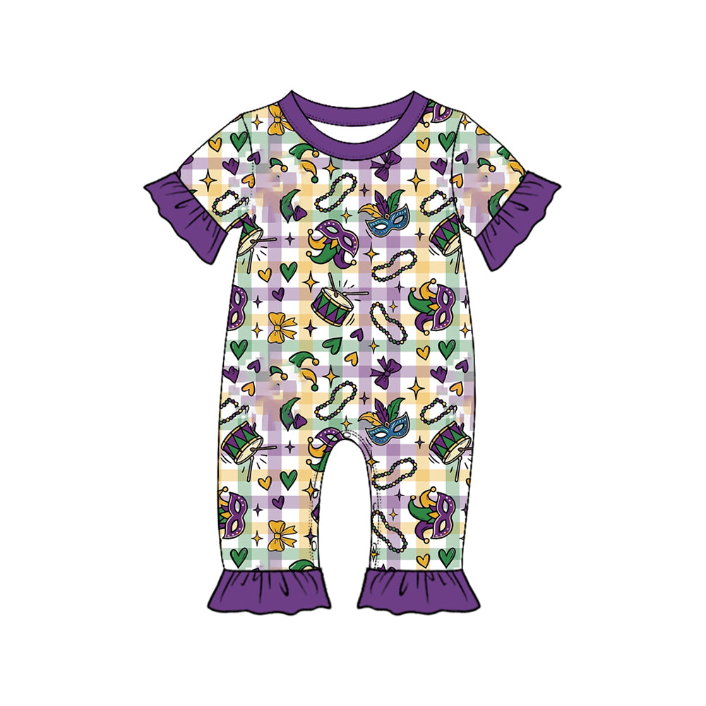 Baby Girls Mardigras Masks Hearts Checked Ruffle Pant Rompers Preorder