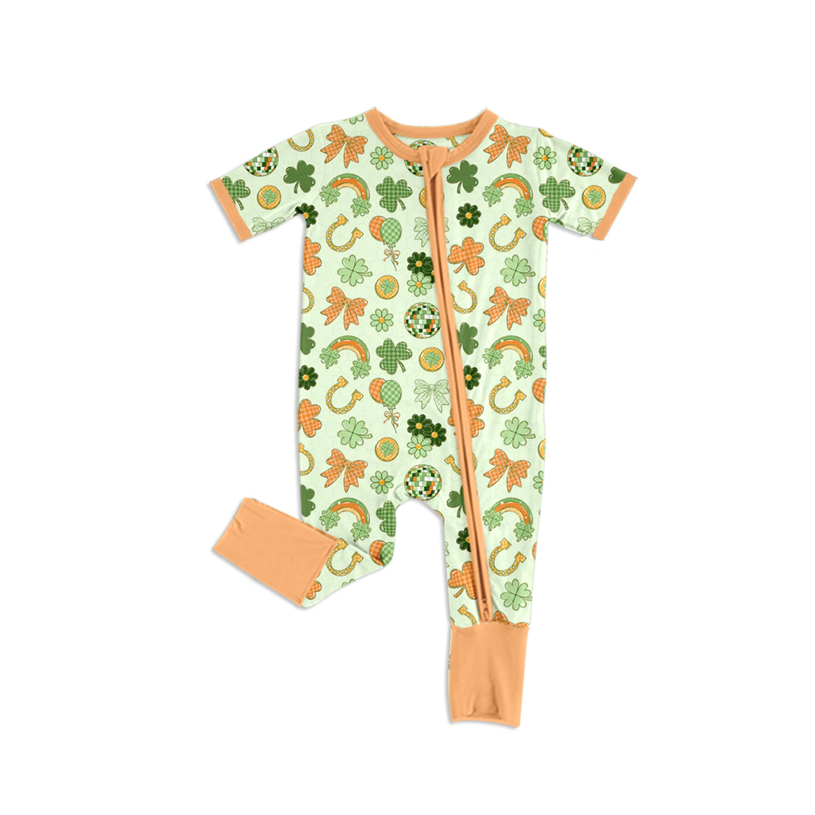 Baby Girls Clovers Bows St Patrick Two Way Zip Convertible Rompers Preorder