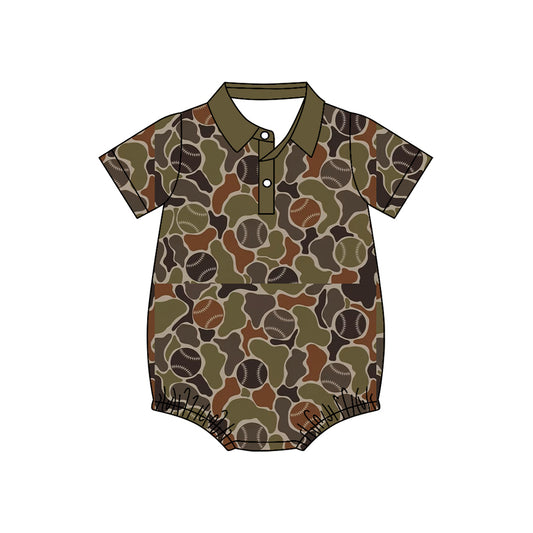 Baby Boys Short Sleeve Brown Baseballs Camo Team Button Rompers Preorder