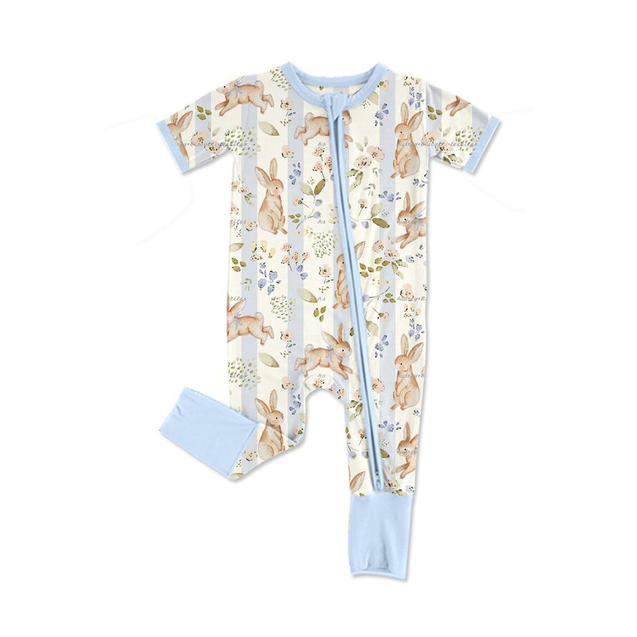 Preorder moq 5 Baby Girls Easter Rabbits Blue Short Sleeve Zip Rompers