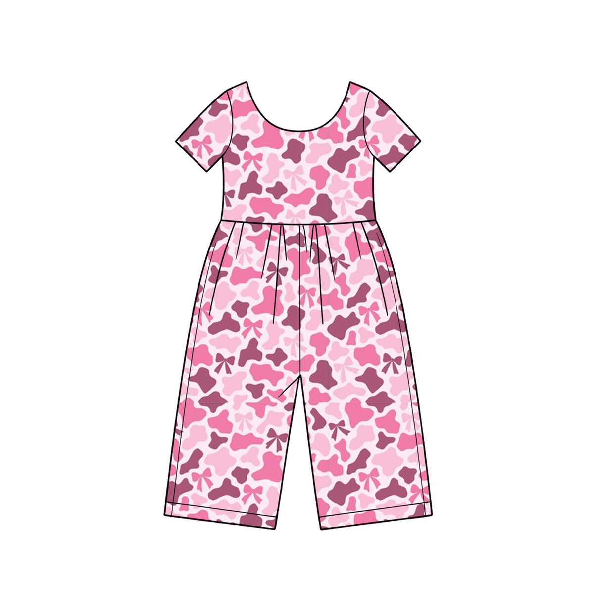 Preorder moq 5 Baby Girls Short Sleeve Pink Bows Camo Pant Jumpsuits