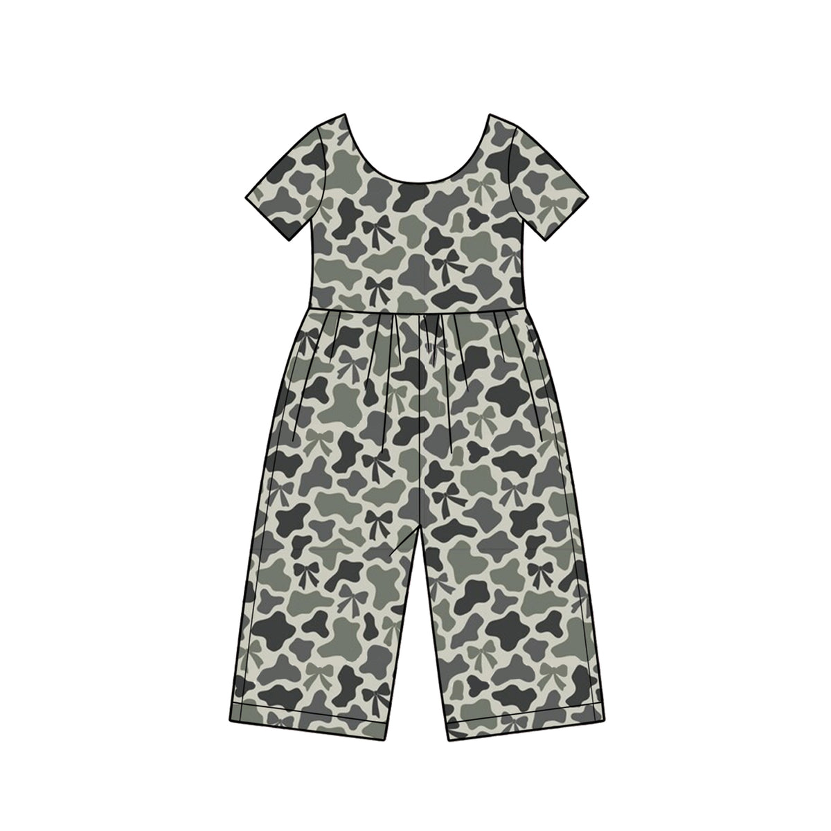 Preorder moq 5 Baby Girls Short Sleeve Grey Bows Camo Pant Jumpsuits