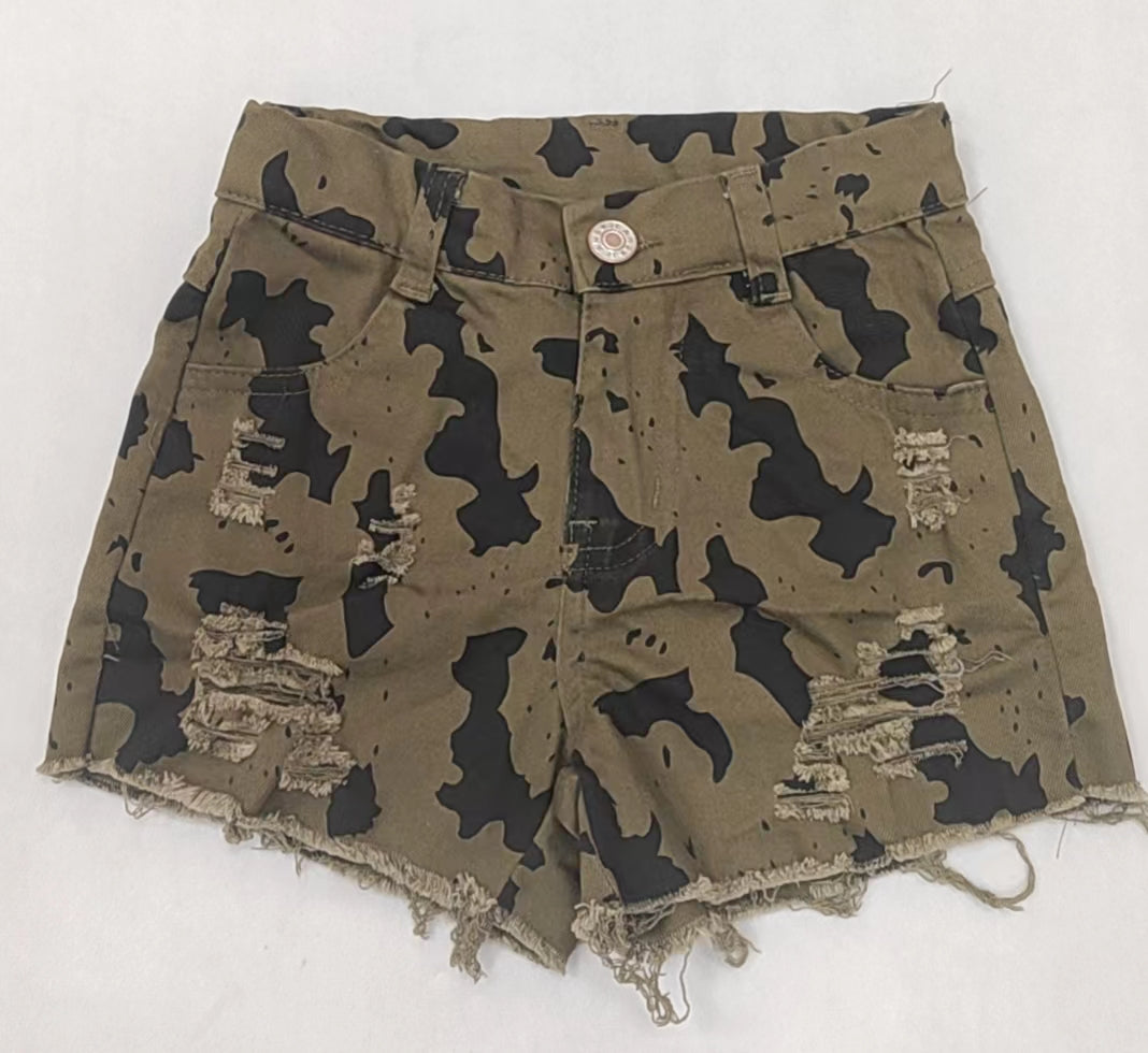 Baby Girls Black Brown Cow Distressed Denim Shorts preorder