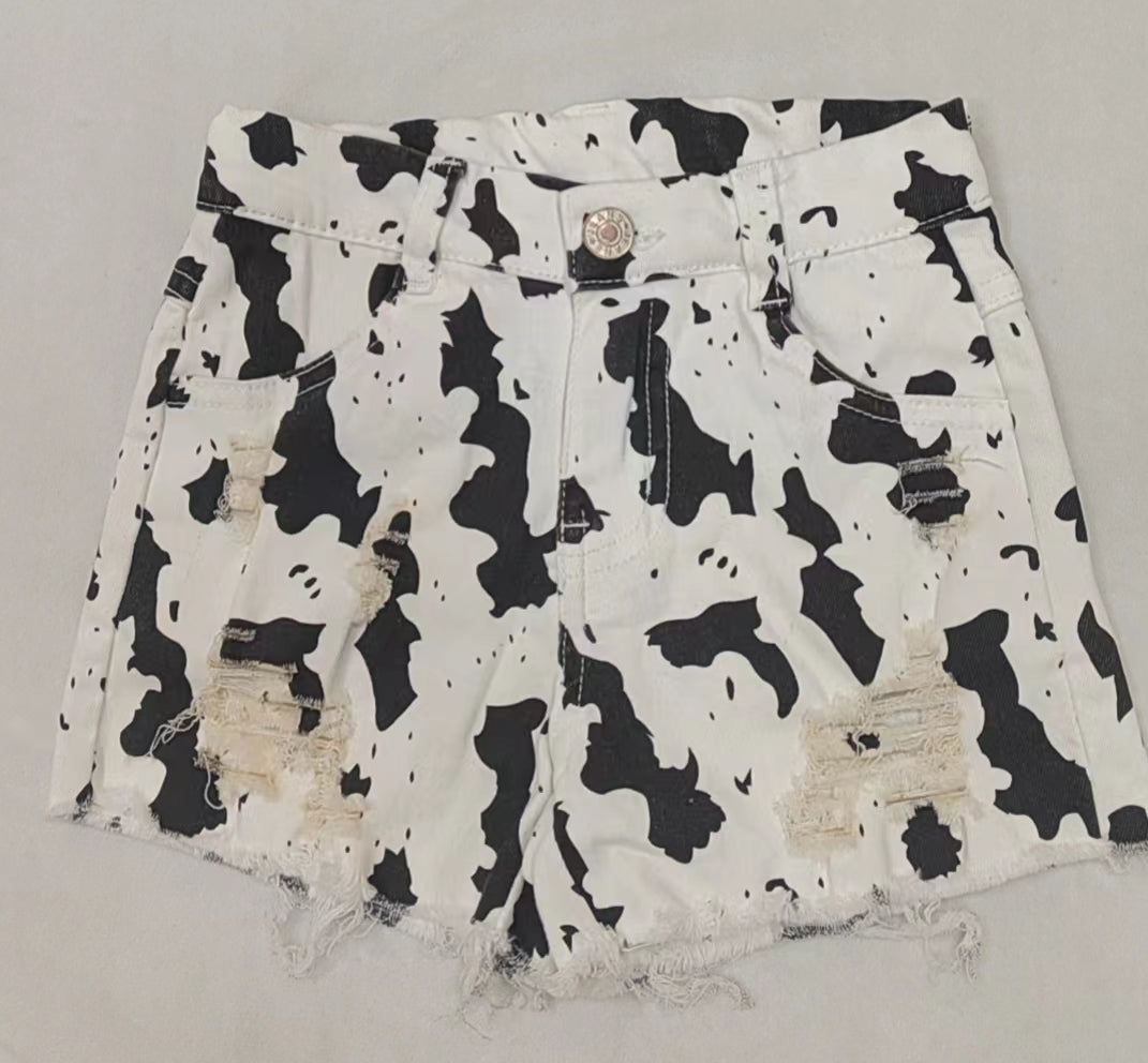 Baby Girls Black White Cow Distressed Denim Shorts