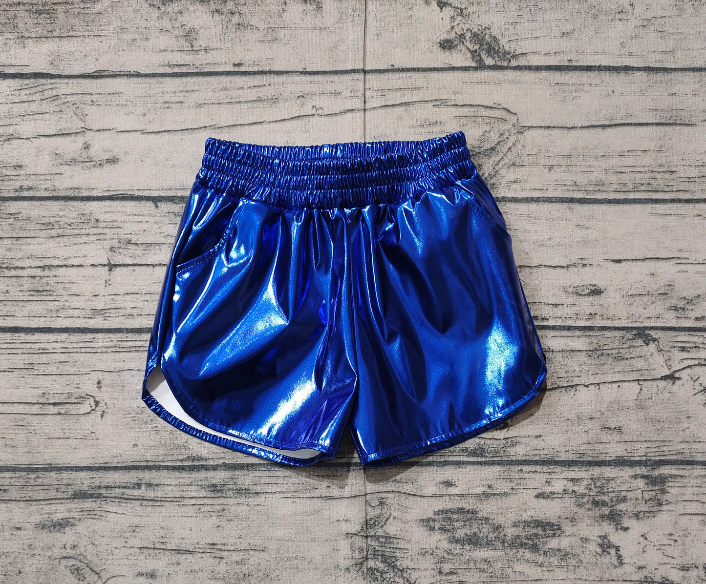 Baby Girls Blue Pocket Leather Elastic Bottom Shorts