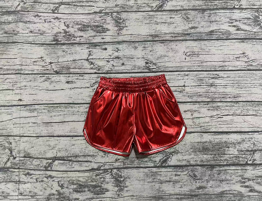 Baby Girls Red Pocket Leather Metallic Elastic Bottom Shorts