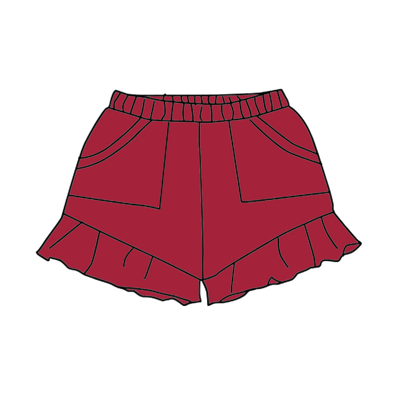 Baby Girls Dark Red Pockets Summer Cotton Ruffle Short Bottoms Preorder