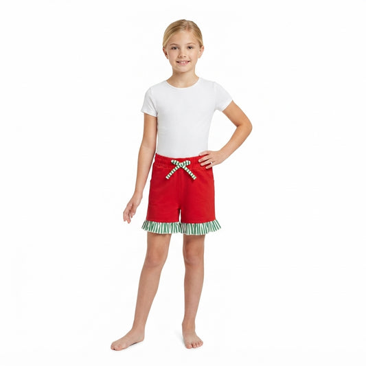 Baby Girls Red Green Stripe Bow Pockets Shorts Bottom