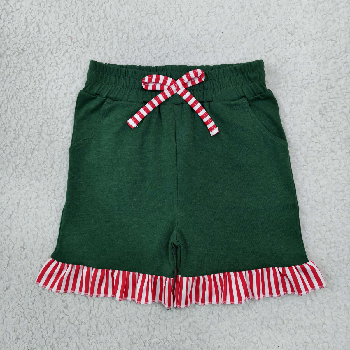 Baby Girls Green Red Stripe Bow Pockets Ruffle Shorts Bottom