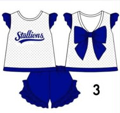 Preorder (moq 5)Baby Girls Stallions Back Bow Tunic Shorts Team Clothes Sets