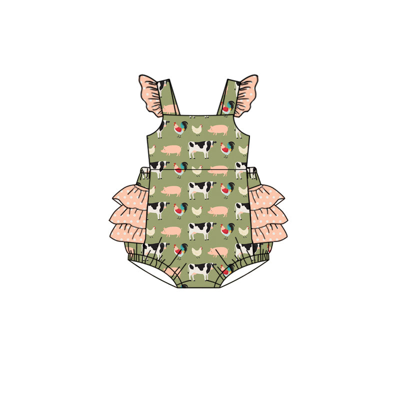 Preorder(moq 5)Baby Infant Girls Green Animals Farm Ruffles Rompers