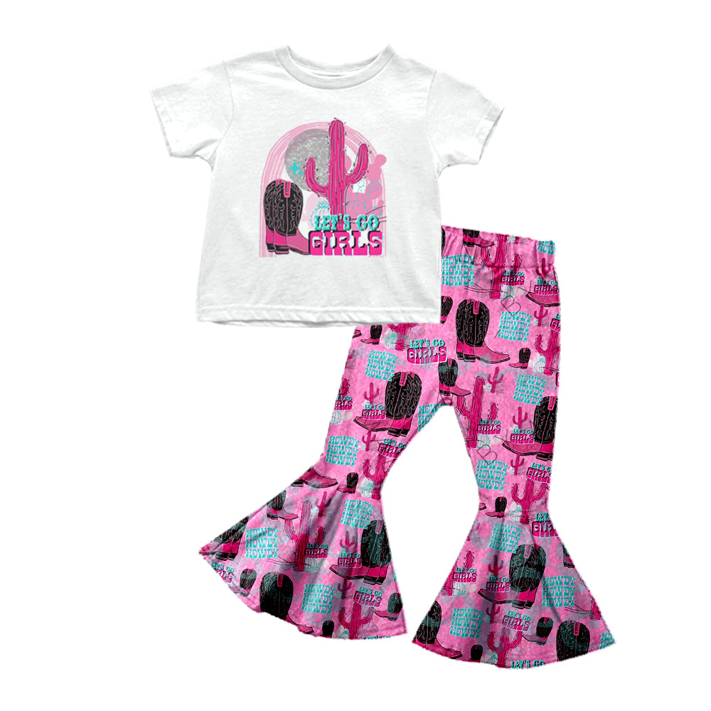 Baby Girls Let's Go Girls White Top Western Boots Cactus Bell Pants Clothing Sets Preorder(moq 5)