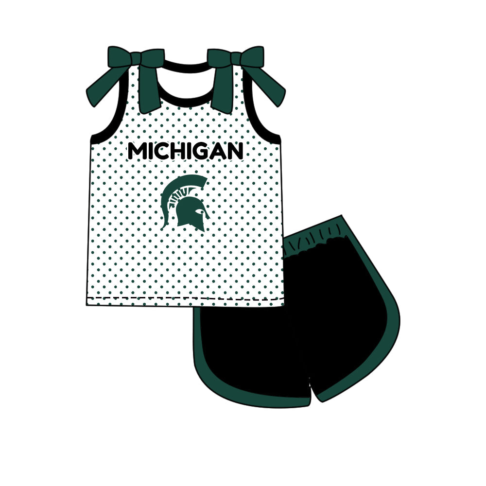 Preorder (moq 5)Baby Girls Bows Michigan Polka Dots Top Short Team Clothes Set