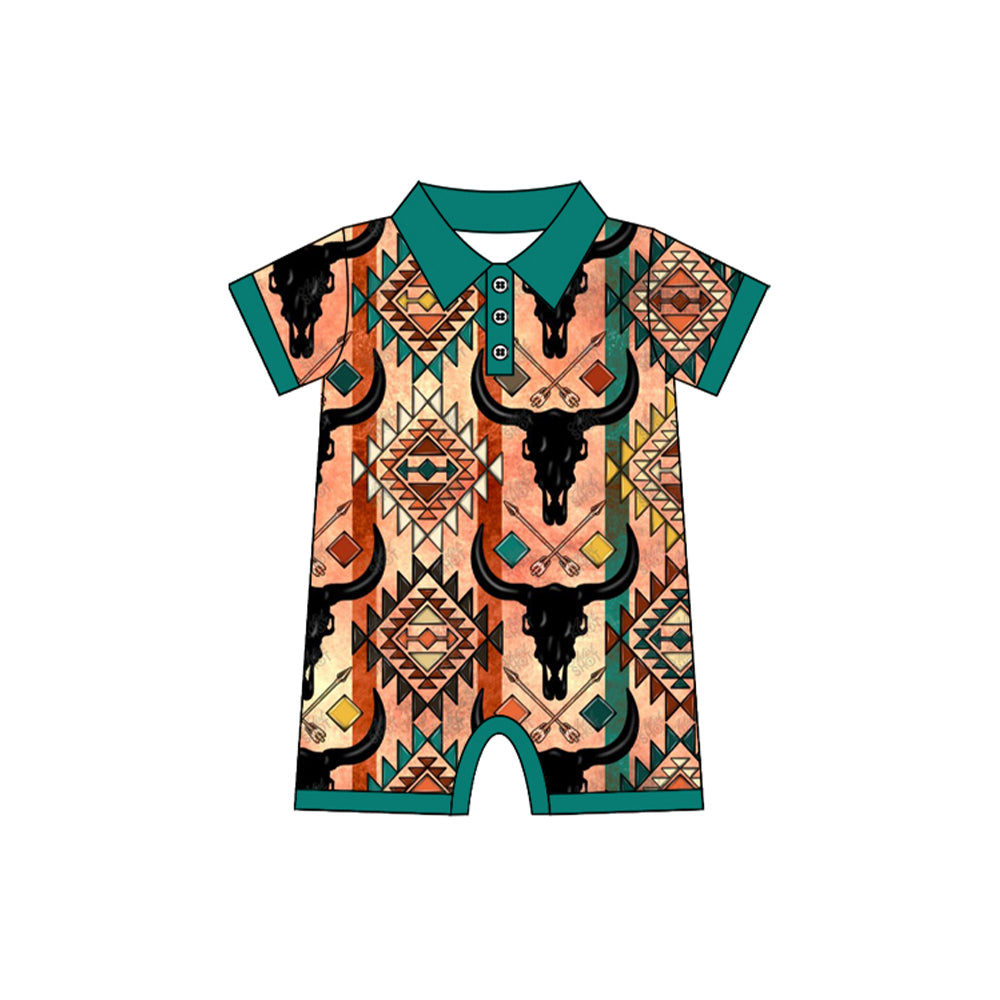 Preorder(moq 5)Baby Infant Boys Western Skull Cow Aztec Rompers