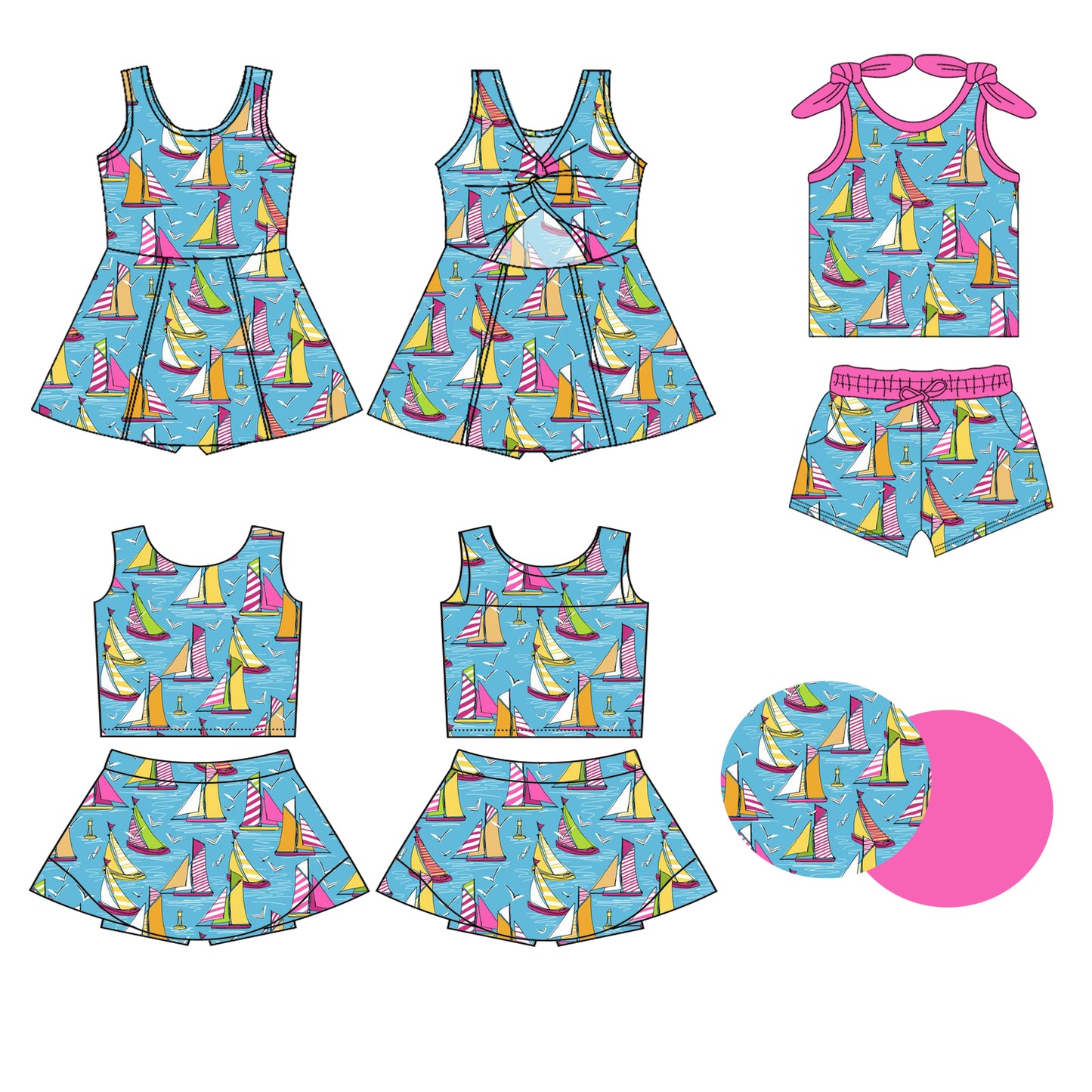 Preorder moq 5 Custom Baby Girls Blue Sleeveless Colorful Boats Top Skort Set Knee Length Dress Pockets Short Set