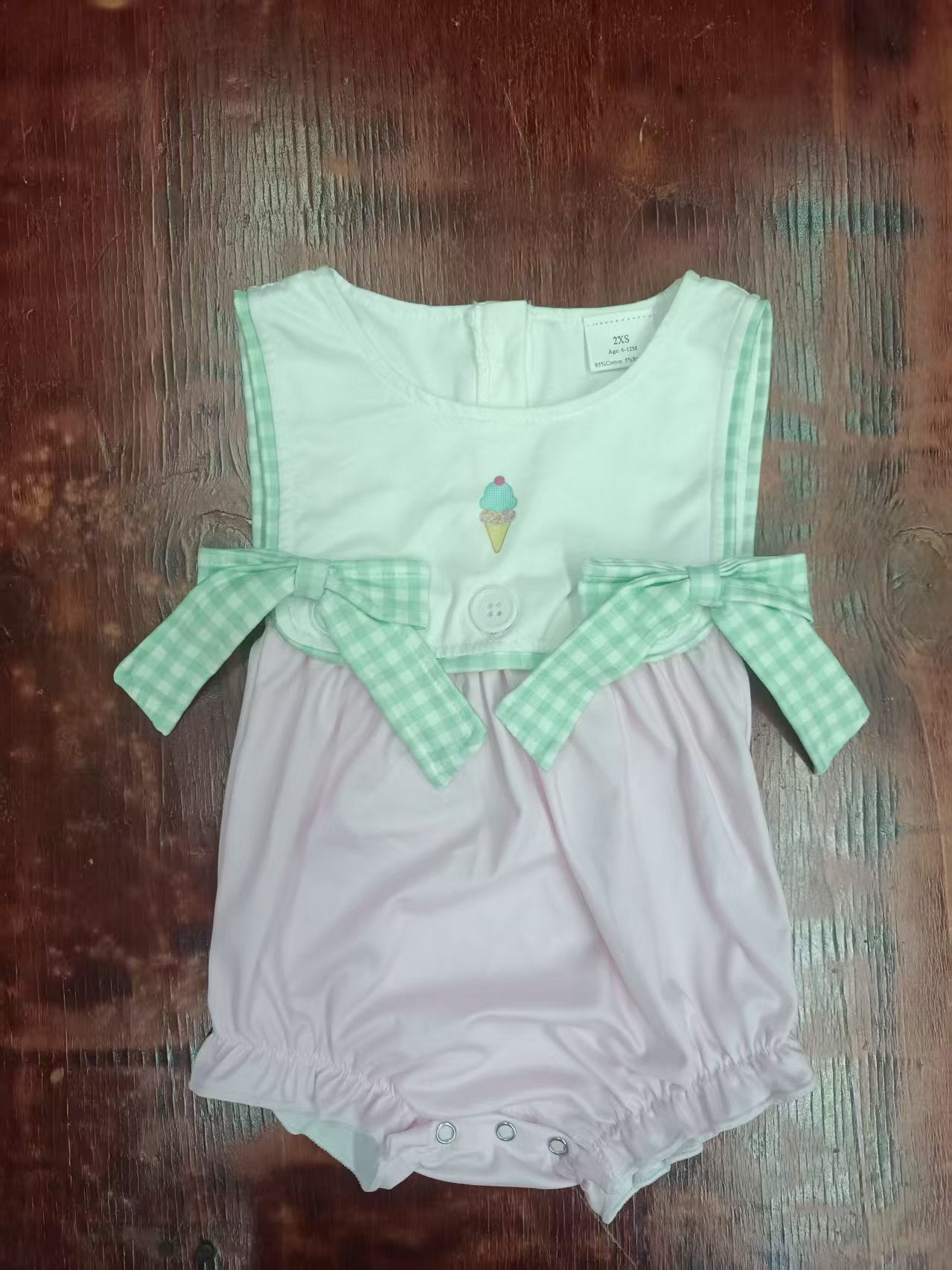 Preorder moq 5 Baby Girls Sleeveless Green Plaid Bows Ice Cream Button Ruffle Rompers