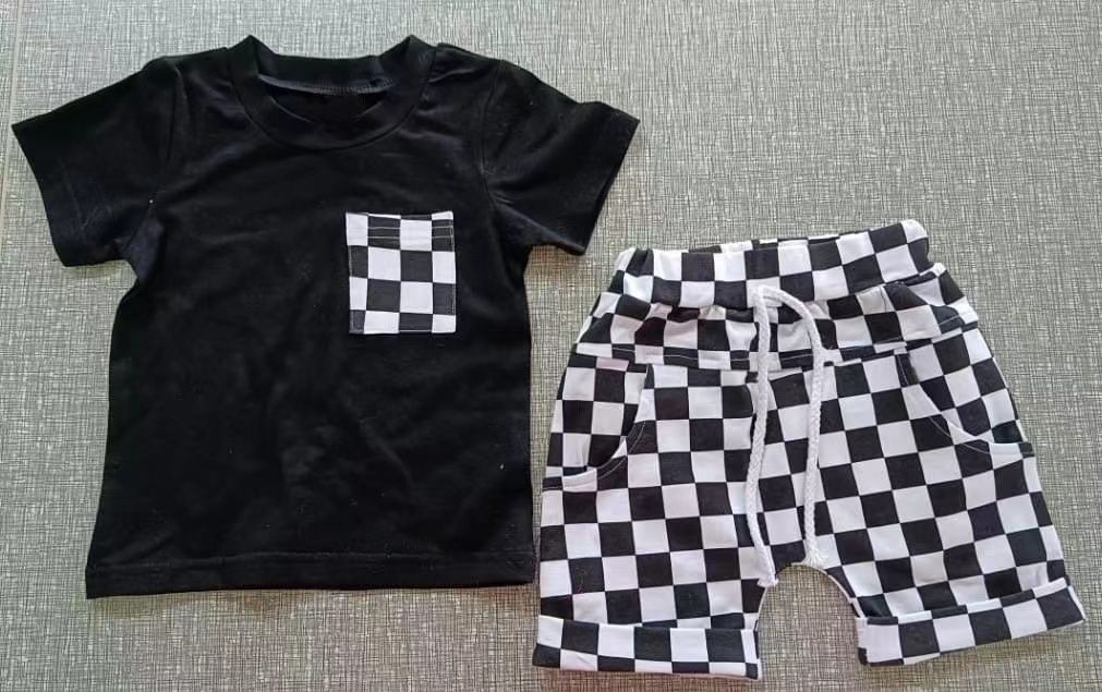 Preorder moq 5 Baby Boys Black Short Sleeves Shirts Top Plaid Pockets Shorts Set