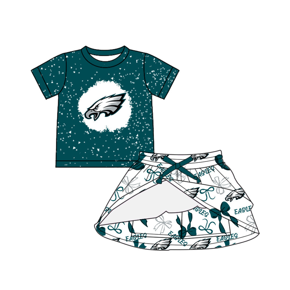 Preorder (moq 5)Baby Girls Dark Green Short Sleeves Eagle Top Skorts Team Set