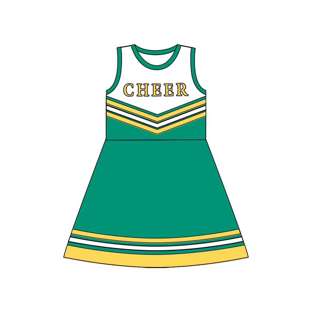 Preorder (moq 5)Baby Girls Green Gold Cheer Team Knee Length Dresses