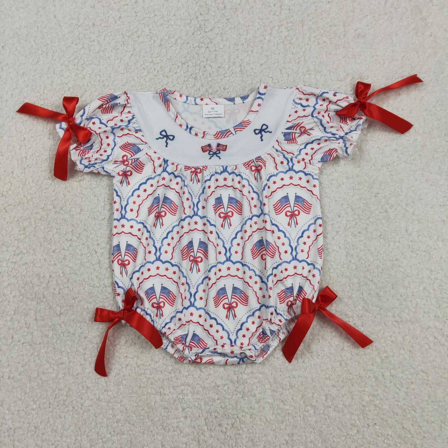Sibling Baby Girls Embroidery Bow Flags Checked 4th of July Knee Length Dress Rompers