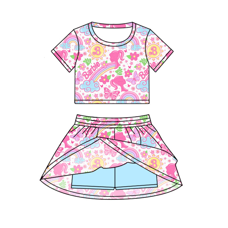 Preorder (moq 5)Baby Girls Pink Doll Cartoon Top Skirt Skort Sets