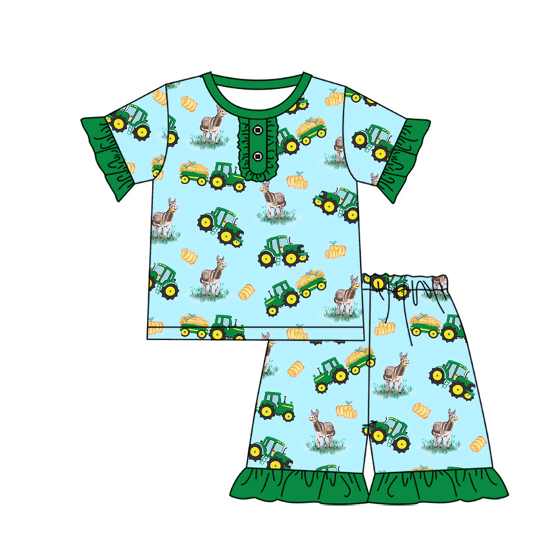 Preorder (moq 5)Baby Girls Farm Trucks Shirt Top Shorts Pajamas Outfits