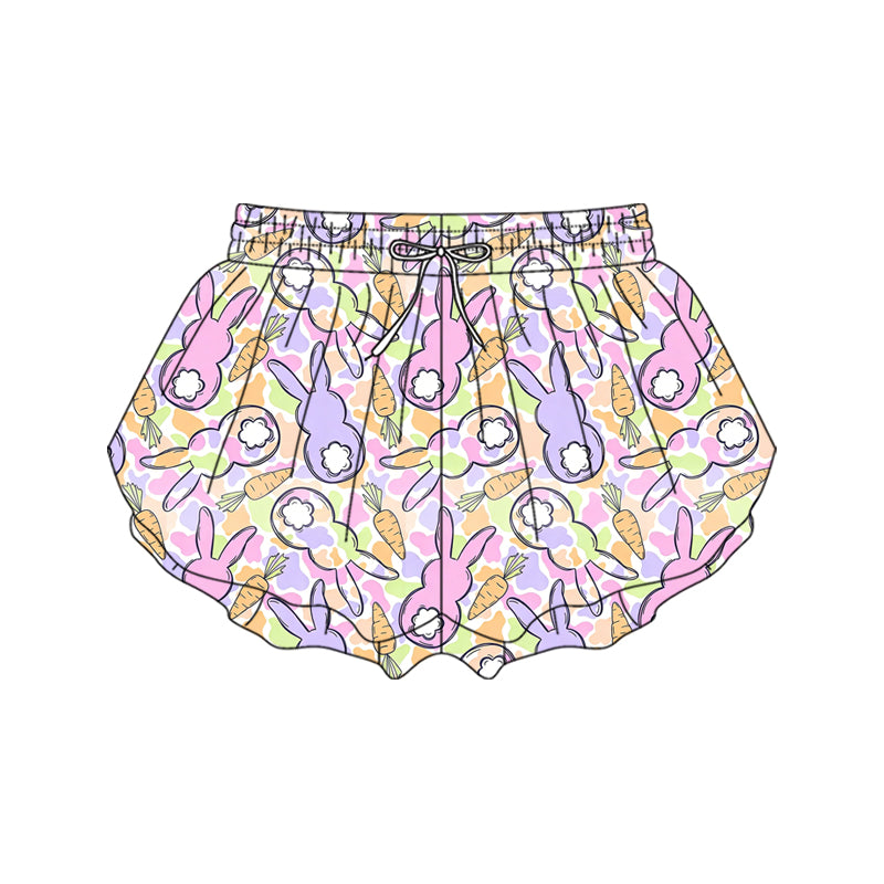 Preorder moq 5 Adult Women Colorful Rabbits Camo Carrots Easter Ruffle Shorts Bottom