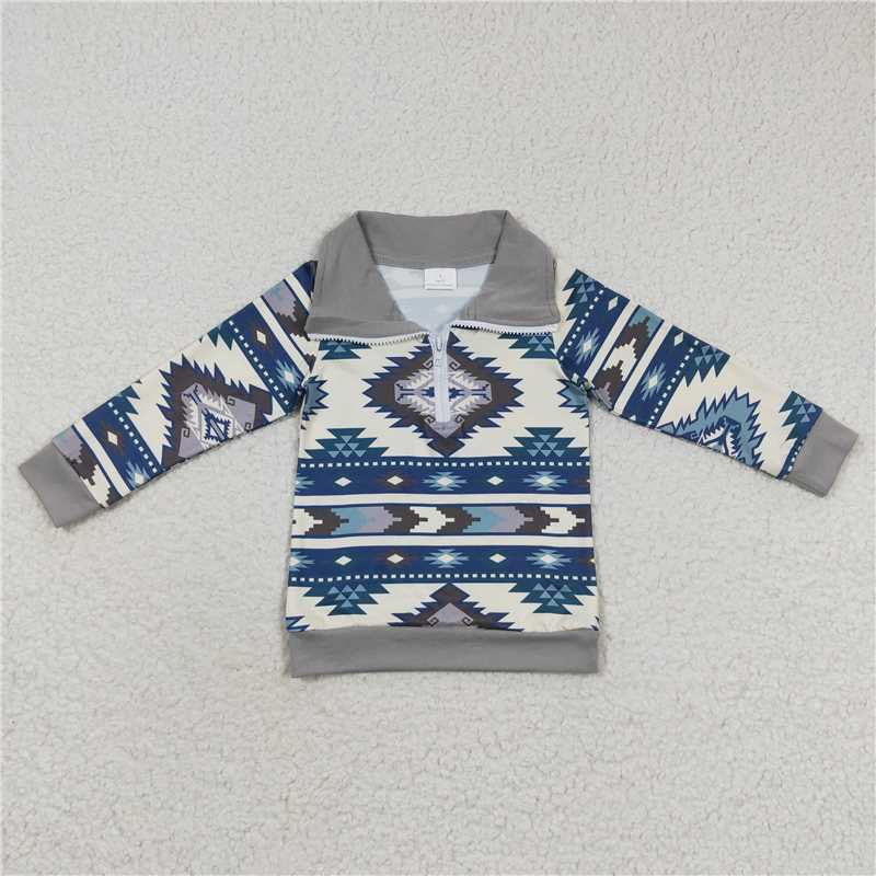 Baby Boys Western Aztec Long Sleeve Zip Pullover Tee Tops