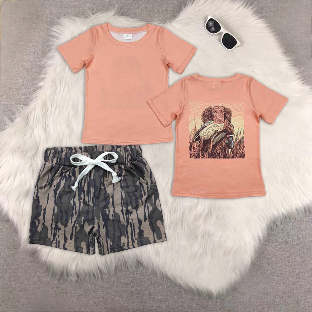 Baby Boys Peach Dog Ducks Shirts Top Camo Pockets Shorts Western Hunting Sets