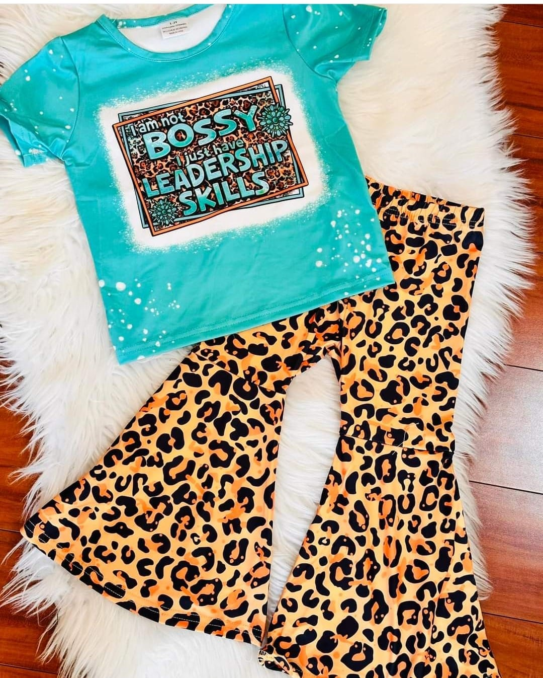 Baby Girls Bossy Leopard Shirt Top Bell Pants Clothes Sets Preorder(moq 5)