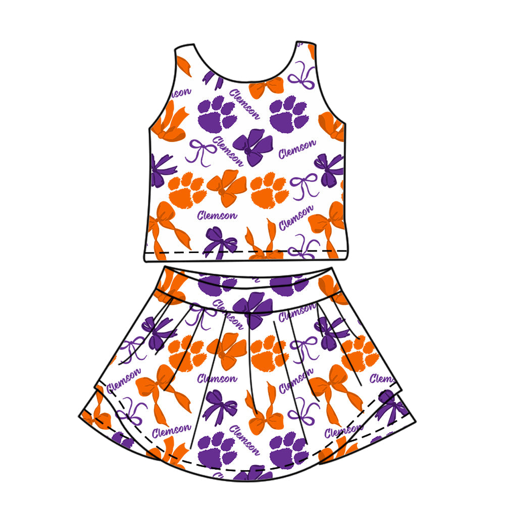 Preorder (moq 5)Baby Girls Sleeveless Bows Clemson Top Skirt Shorts Team Clothes Sets