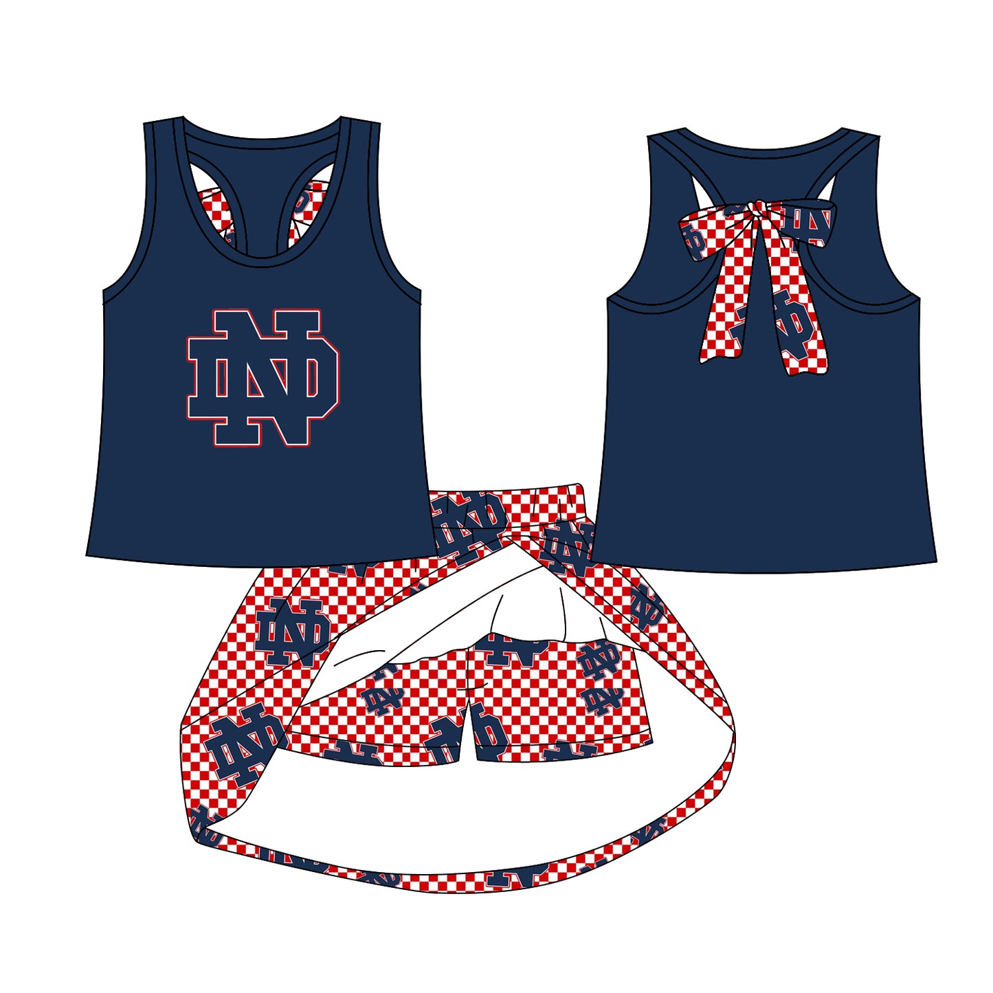 Preorder moq 5 Baby Girls ND Sleeveless Bow Vest Checkered Skorts Team Sets