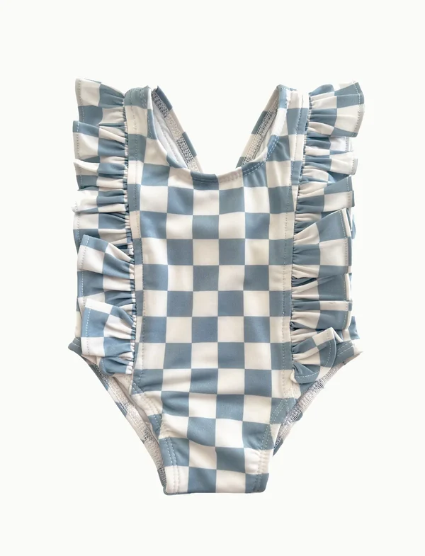 Preorder (moq 5)Baby Girls Blue Checkered Ruffles One Piece Swimsuits