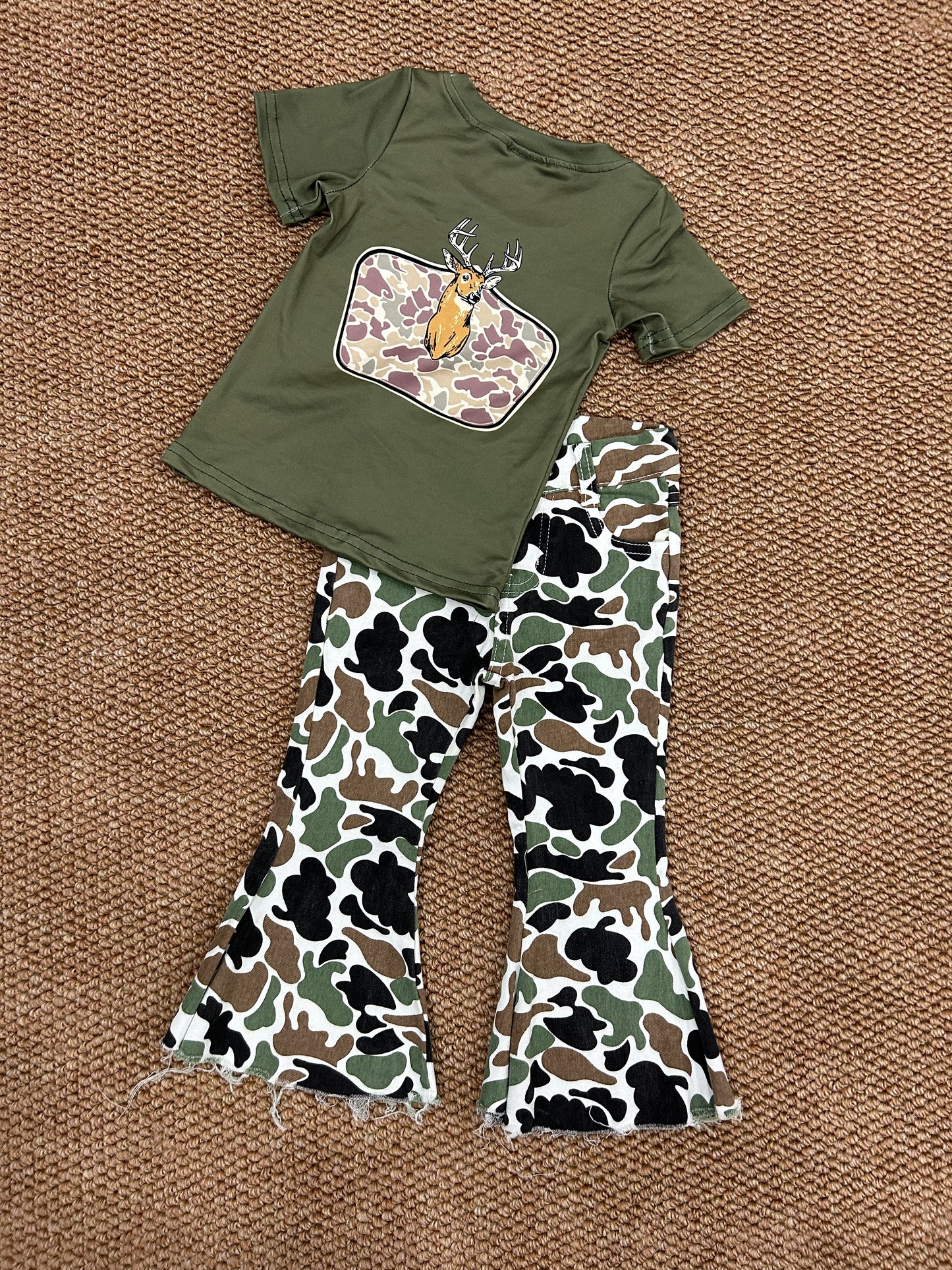 Baby Girls Deer Shirt Camouflage Bell Denim Pants Clothes Sets