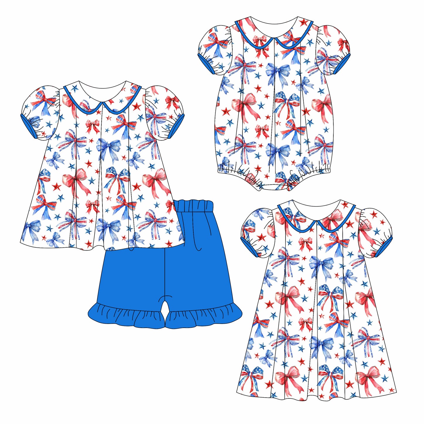 Preorder moq 5 Custom Baby Girls Red Bows Stars Tunic Hot Blue Ruffle Short 4th Of July Set Knee Length Dress And Rompers