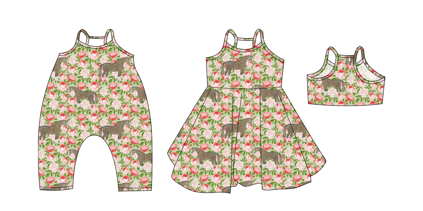 Preorder moq 5 Custom Baby Girls Green Strap Floral Horses Knee Length Dresses Romper