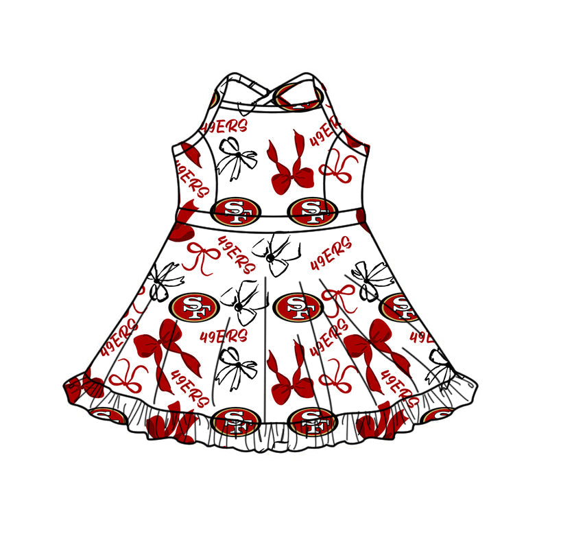 Preorder (moq 5)Baby Girls Bows San Francisco 49ers Team Short Ruffle Knee Length Dress