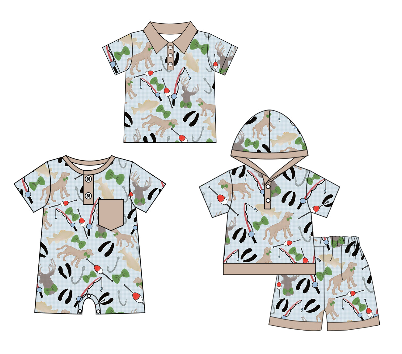Preorder moq 5 Custom Baby Boys Khaki Short Sleeves Button Fishing Hoodie Short Set Polo Shirt And Rompers