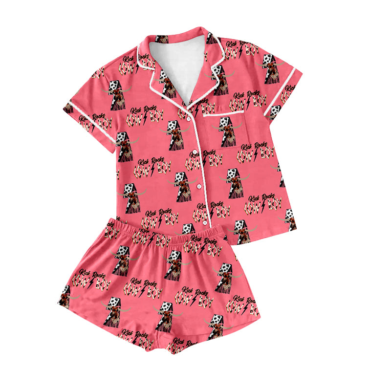 Preorder(moq 5)Adult Women Pink Highland Cow Buttons Tee Shirts Shorts Pajamas Sets