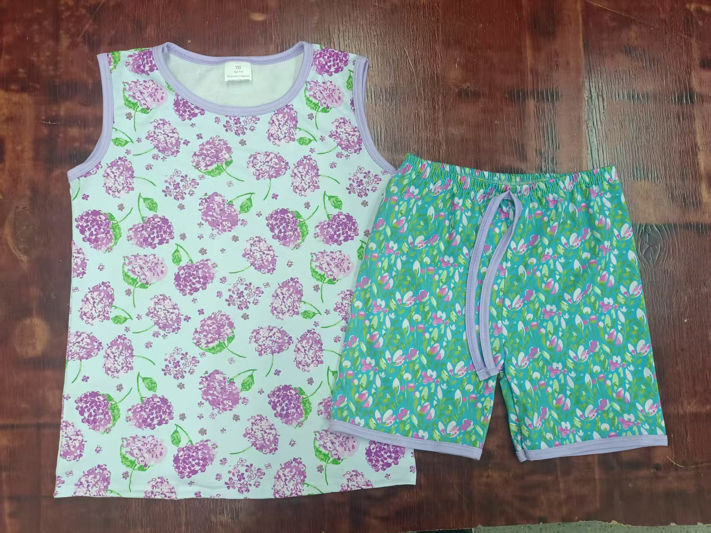 Preorder moq 5 Baby Girls Sleeveless Lavender Floral Top Green Shorts Set